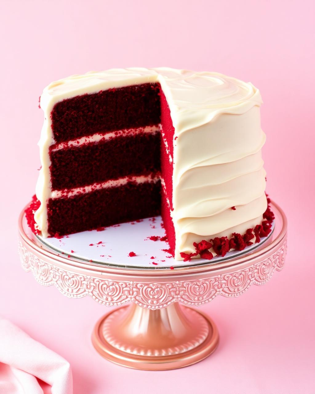 Red velvet layer cake on cake stand